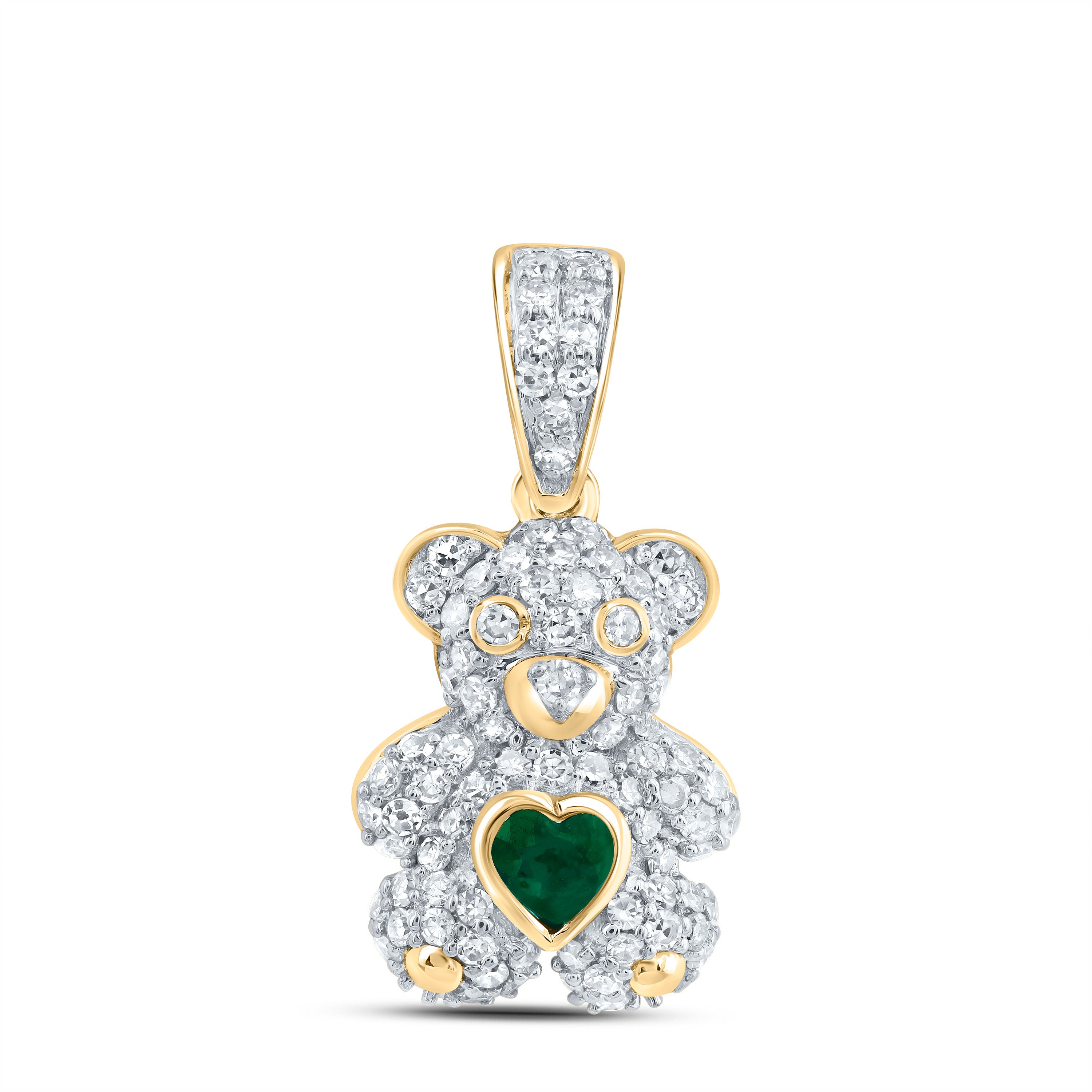 10Kt Gold 1/3Ctw-Dia Nk 3X3Mm Hs-Em Nat Gem Heart Teddy Bear Pendant