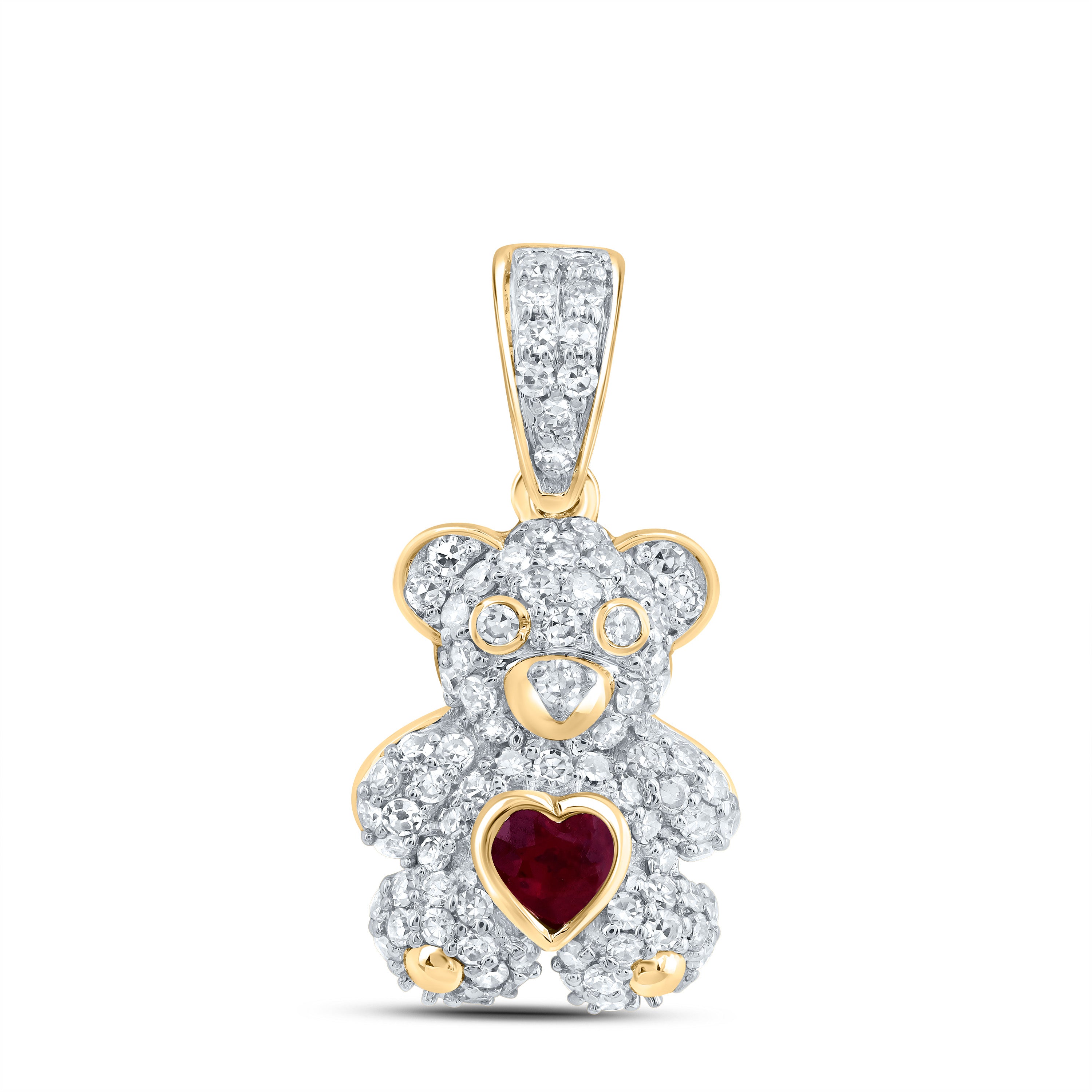 10Kt Gold 1/3Ctw-Dia Nk 3X3Mm Hs-Ru Nat Gem Heart Teddy Bear Pendant