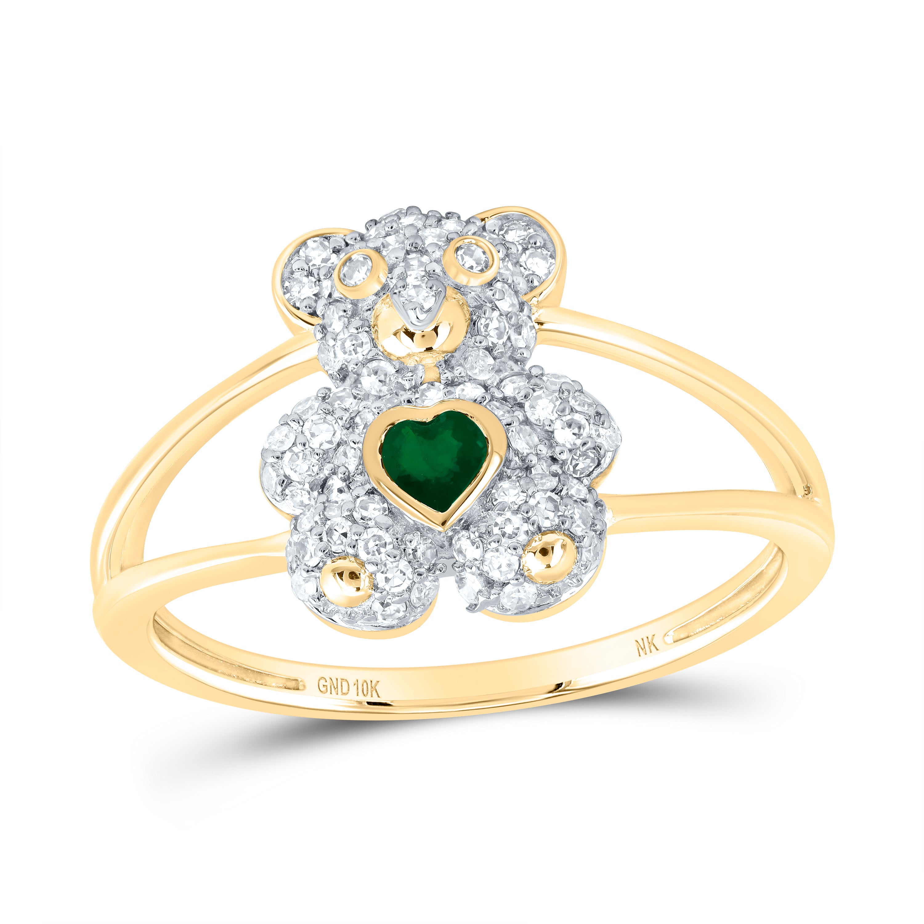 1/3Ctw-Nat Dia Nk 3X3Mm Hs-Em Nat Gem Heart Teddy Bear Ring (2.02 grams)