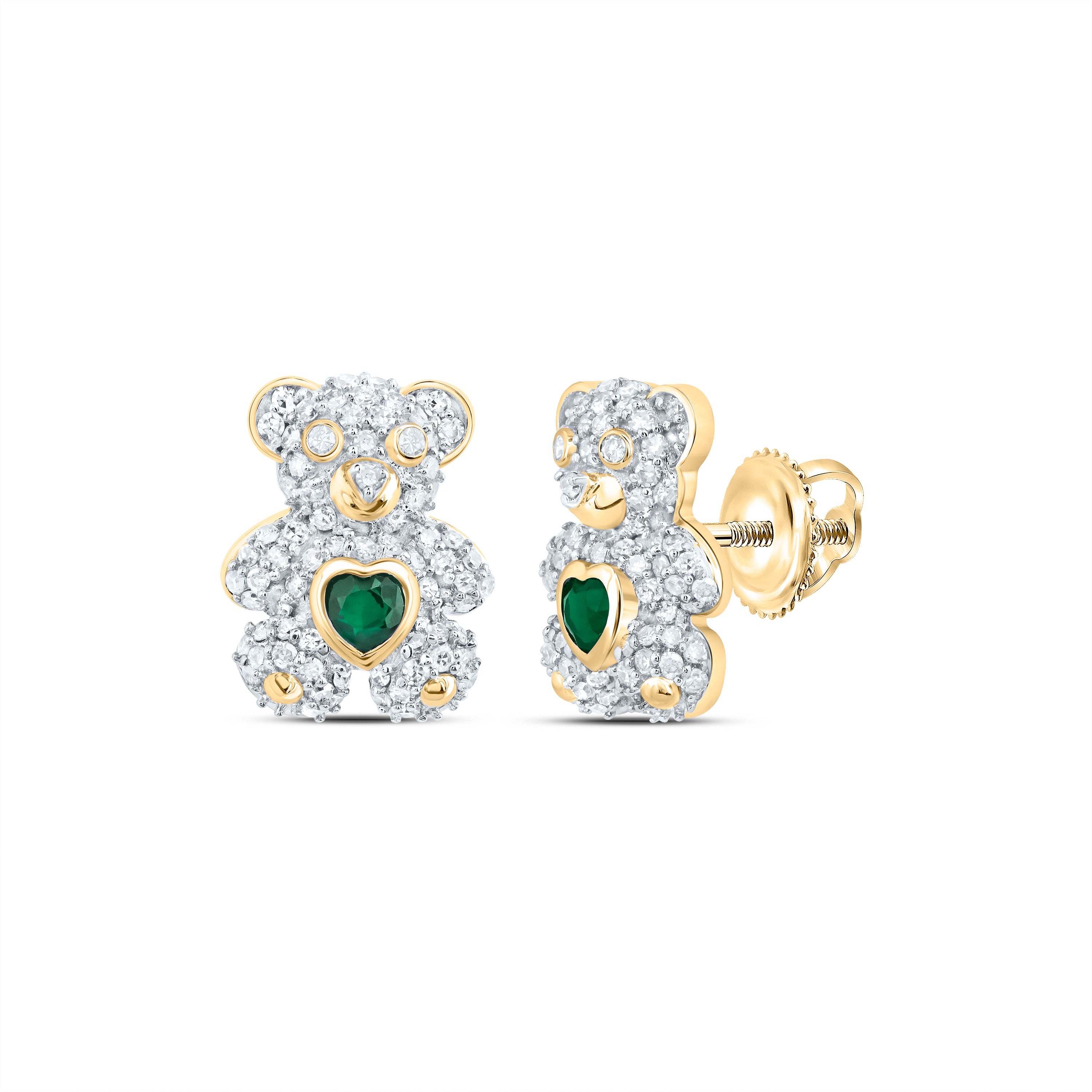 10Kt Gold 1/2Ctw-Dia Nk 3X3Mm Hs-Em Nat Gem Heart Teddy Bear Earring