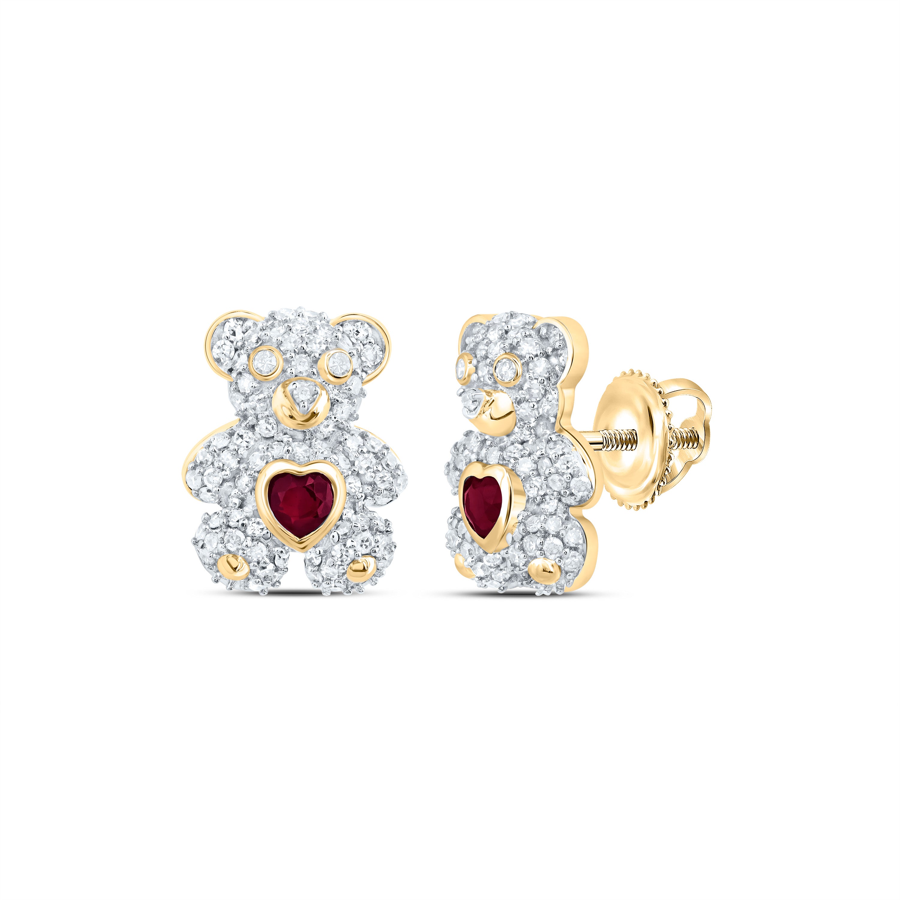 10Kt Gold 1/2Ctw-Dia Nk 3X3Mm Hs-Ru Nat Gem Heart Teddy Bear Earring