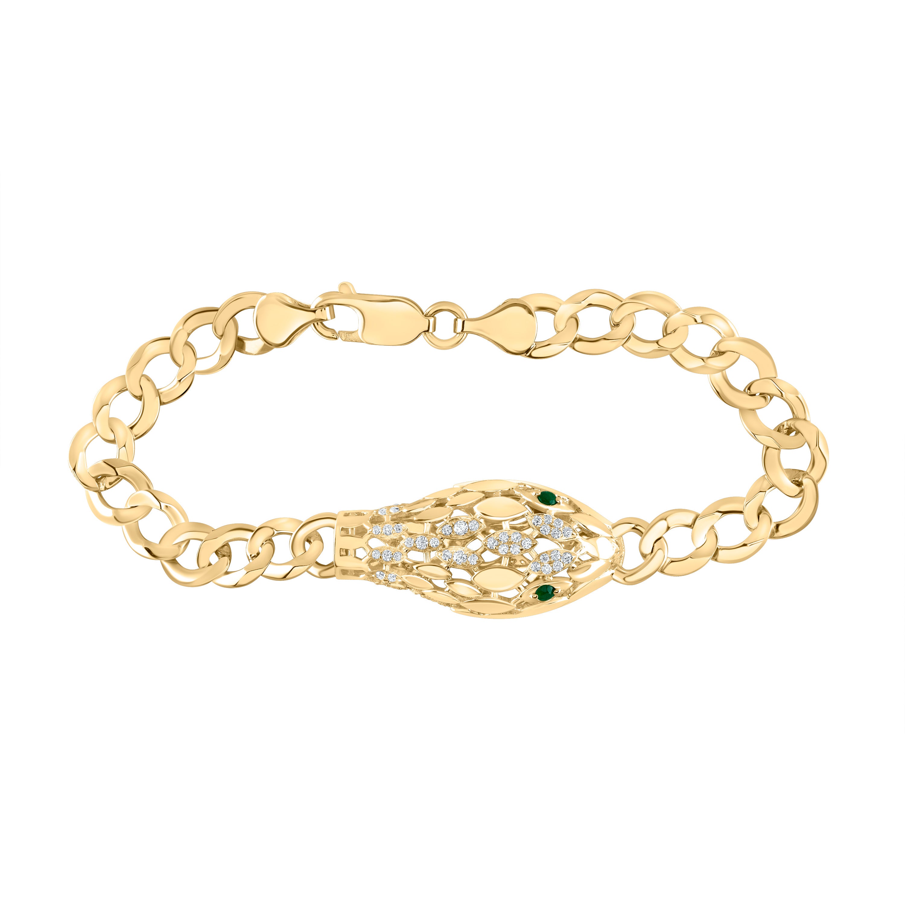 14Kt Gold 1/4Ctw-Dia Ana M 1/10Ct Rd-Em Nat Gem Snake Bracelet (7 Inch)