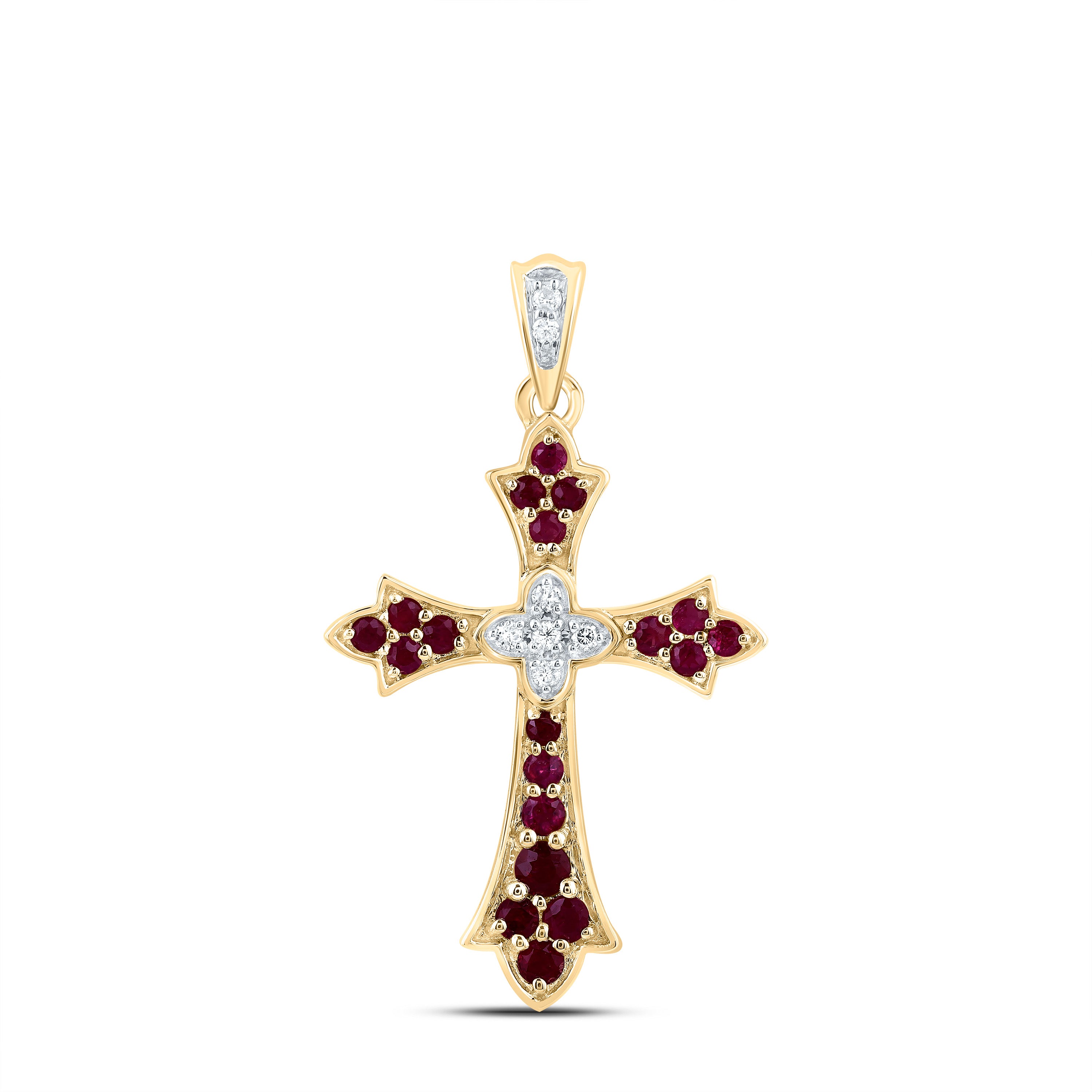 14Kt Gold 1/20Ctw-Dia Cn 1/3Ct-Rd-Ru Nat Gem Cross Pendant