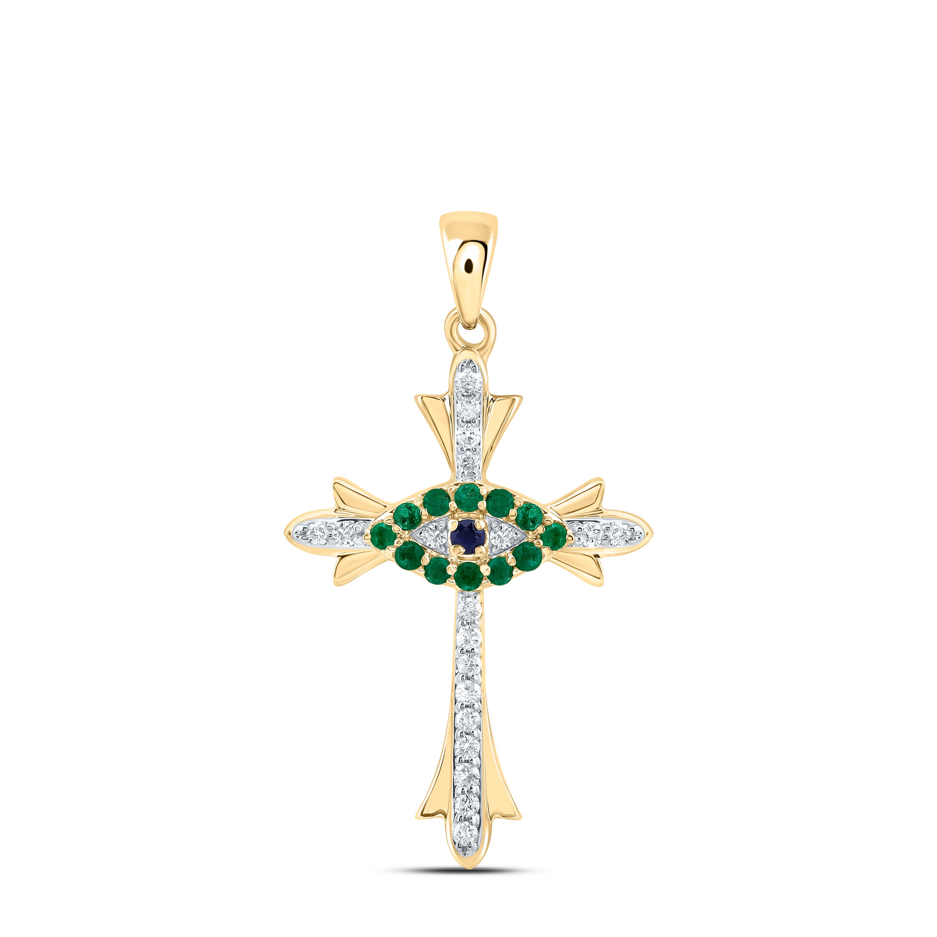 14Kt Gold 1/10Ctw-Dia Cn 1/10Ct-Rd-Bs, 0.015Ct-Rd-Em Nat Gem Cross Pendant