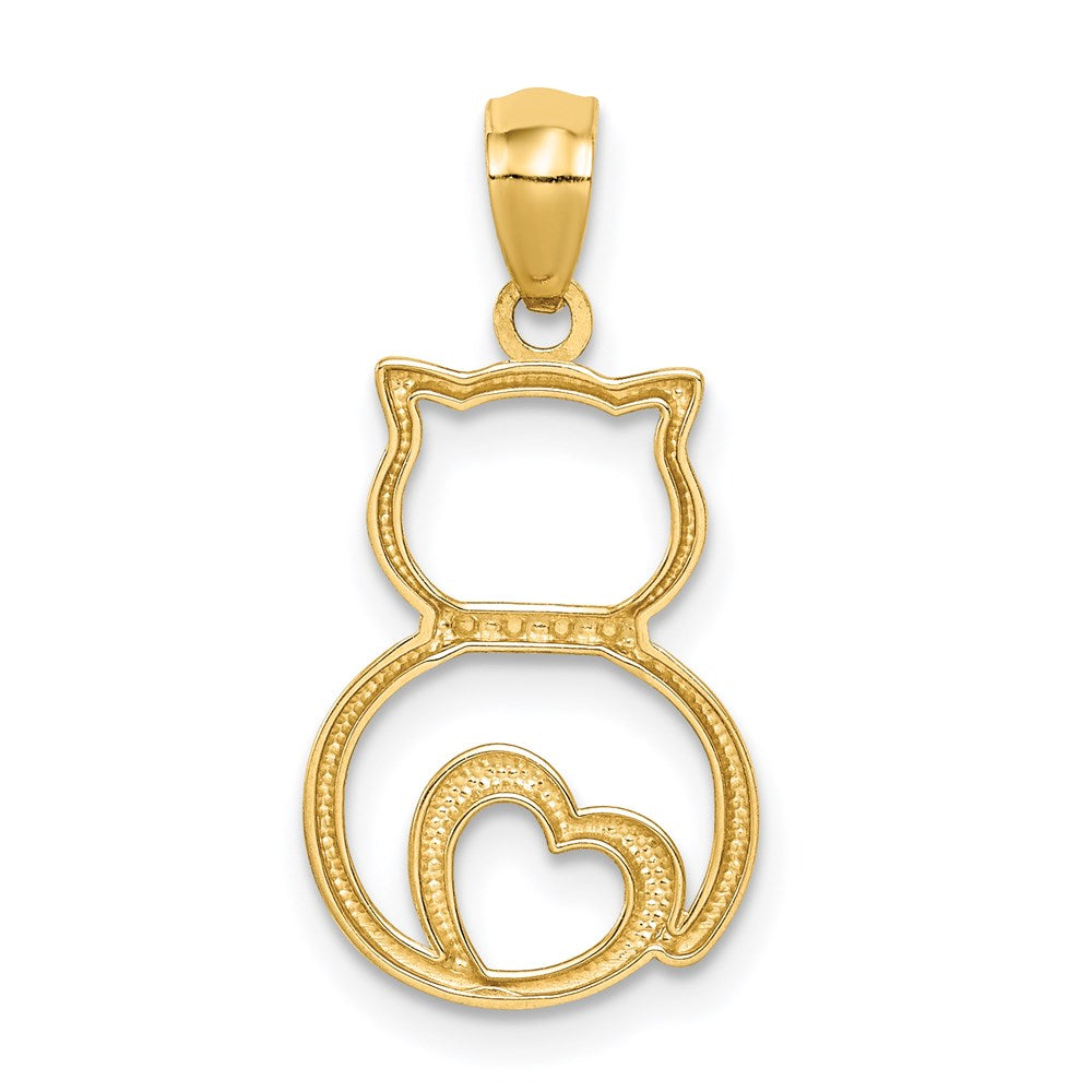 14k and White Rhodium Diamond-cut Sitting Cat with Heart Pendant (0.51 grams)
