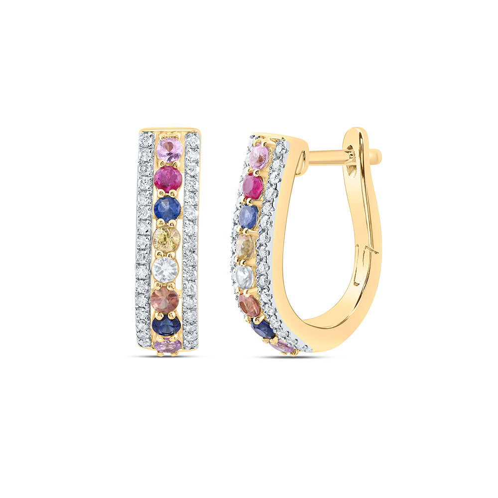 14Kt Gold 1/4Ctw-Dia Cn 5/8Ct Rd-Nat Gem Multi Clr Sapphire Hoop Earring