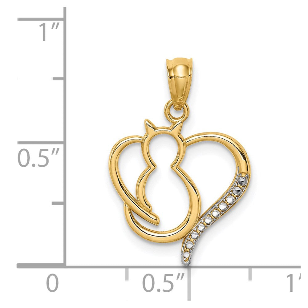 14K and White Rhodium Sitting Cat in a Heart Pendant (0.66 grams)