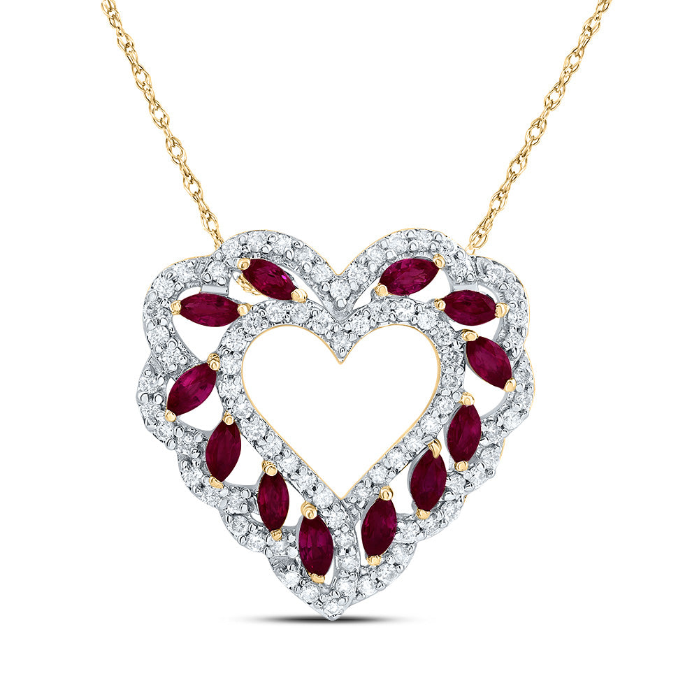 14Kt Gold 1/3Ctw-Dia Cn 5/8Ct Mq-Ru Nat Gem Fashion Heart Necklace (18 Inch)