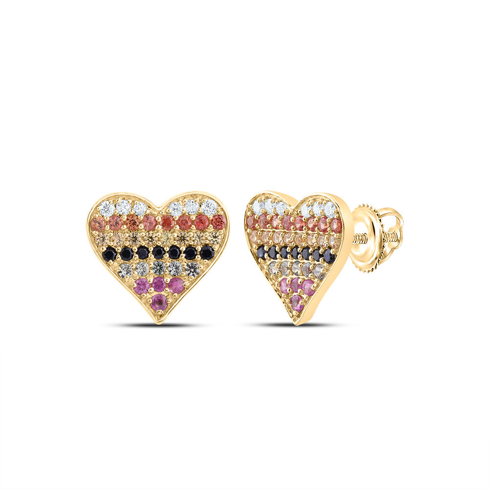 10Kt Gold 1/10Ctw-Dia Cn 5/8Ct Rd-Nat Gem Multi Clr Sapphire Heart Stud Earring