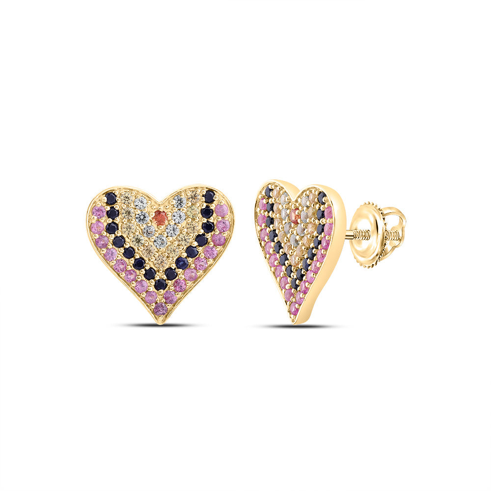 10Kt Gold 1Ctw-Dia Rd-Nat Gem Multi Clr Sapphire Heart Stud Earring