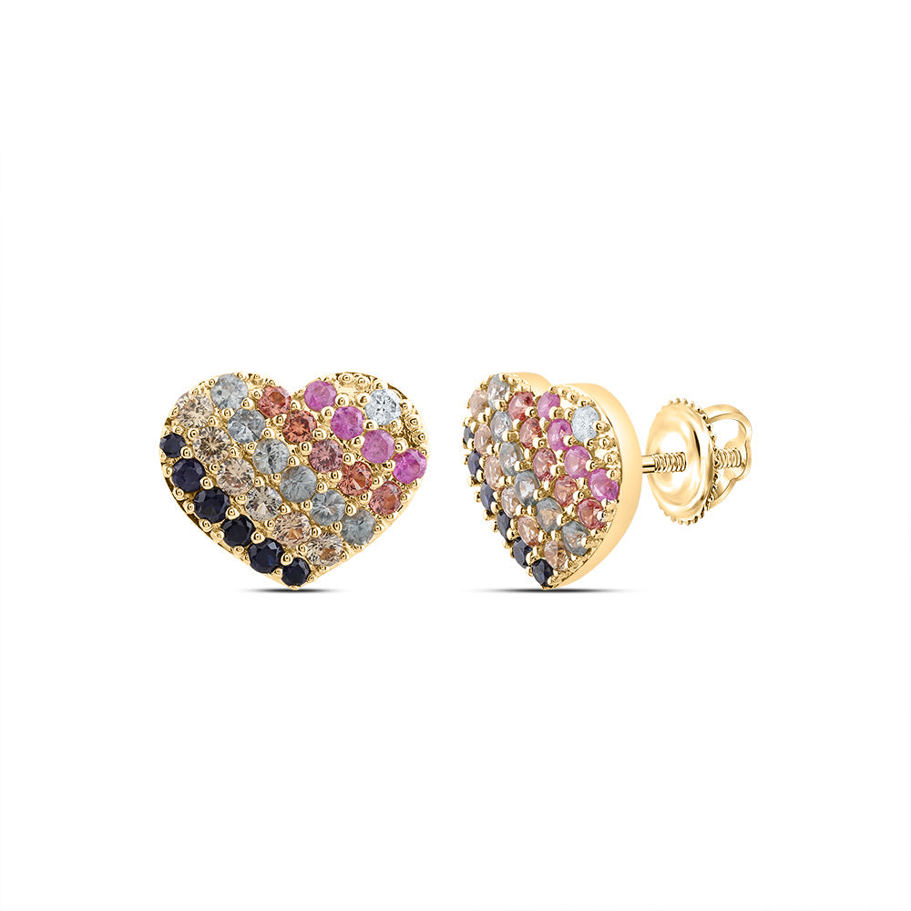 10Kt Gold 1/20Ctw-Dia Cn  1Ct Rd-Nat Gem Multi Clr Sapphire Heart Stud Earring