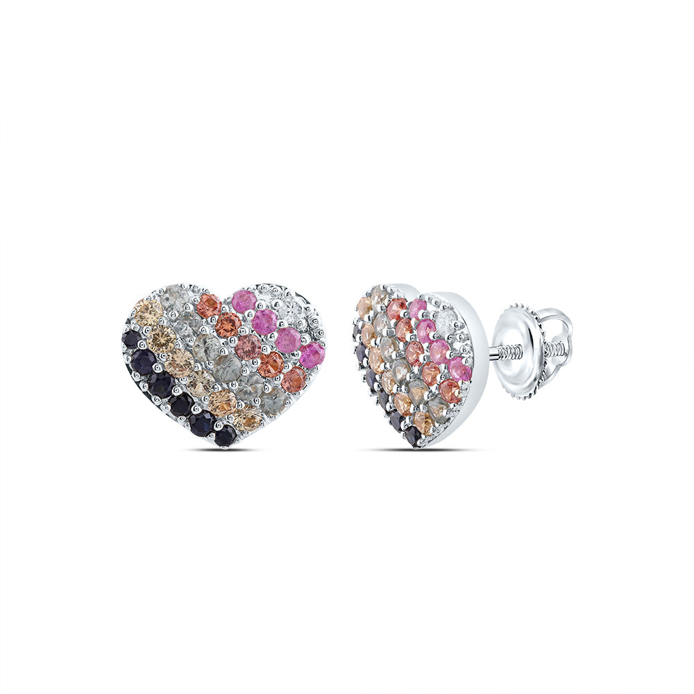 10Kt Gold 1/20Ctw-Dia Cn 1Ct Rd-Nat Gem Multi Clr Sapphire Heart Stud Earring