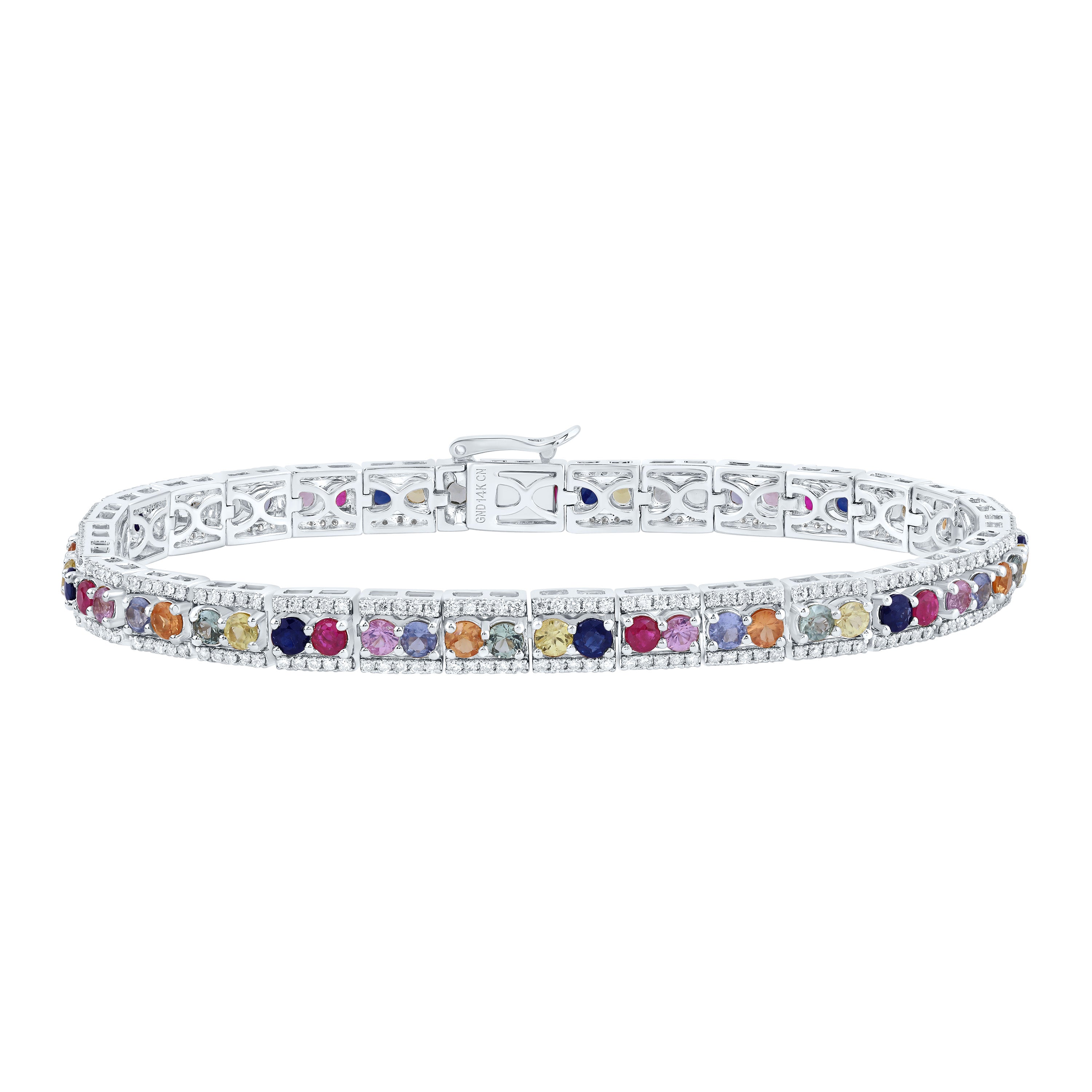 1 1/5Ctw-Nat Dia Cn 5 Ctw-Rd-Nat Gem Multi Clr Sapphire Bracelet (7 Inch) (15.587 grams)