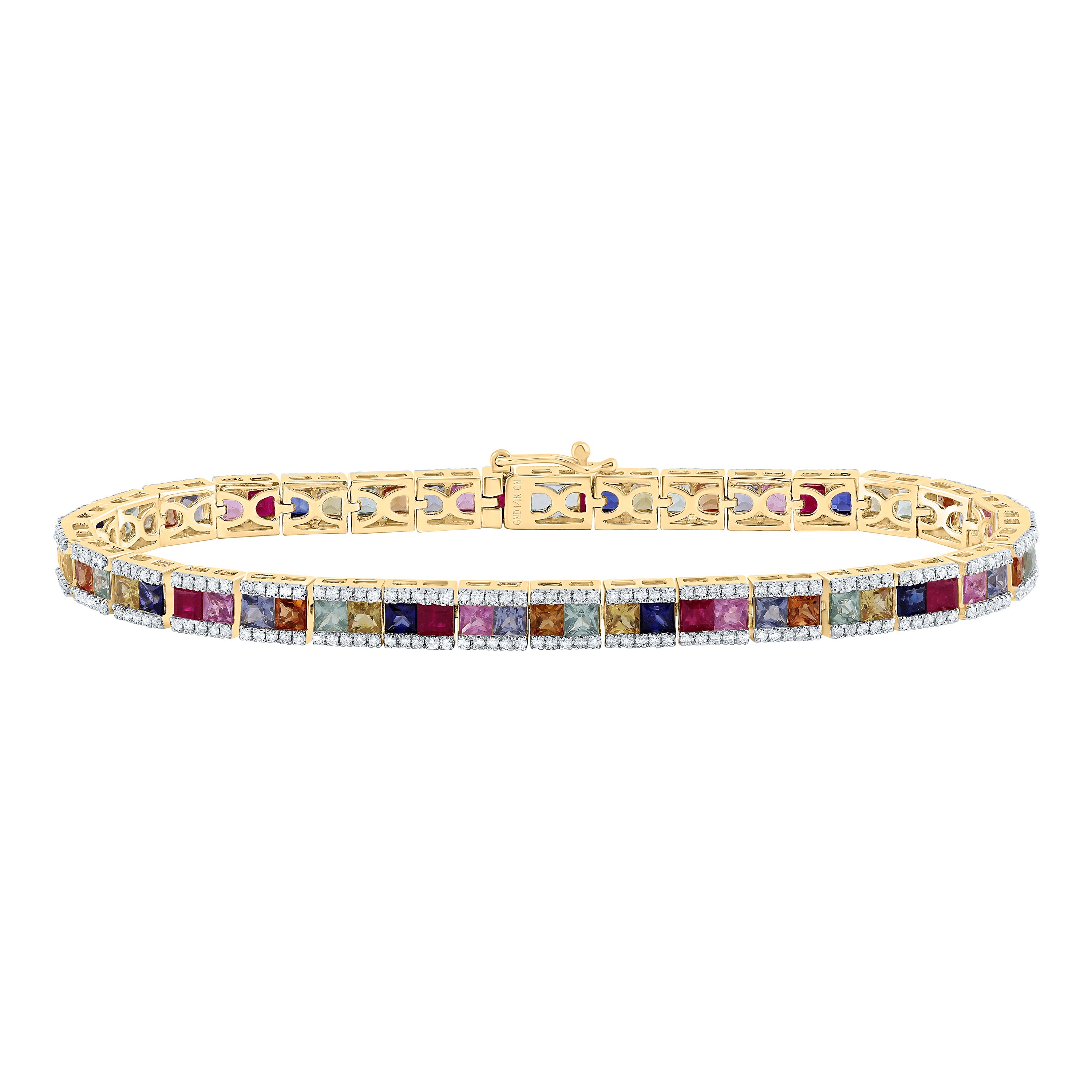 1 1/5Ctw-Nat Dia Cn 9Ctw- Pr- Nat Gem Multi Clr Sapphire Bracelet (7 Inch) (12.56 grams)