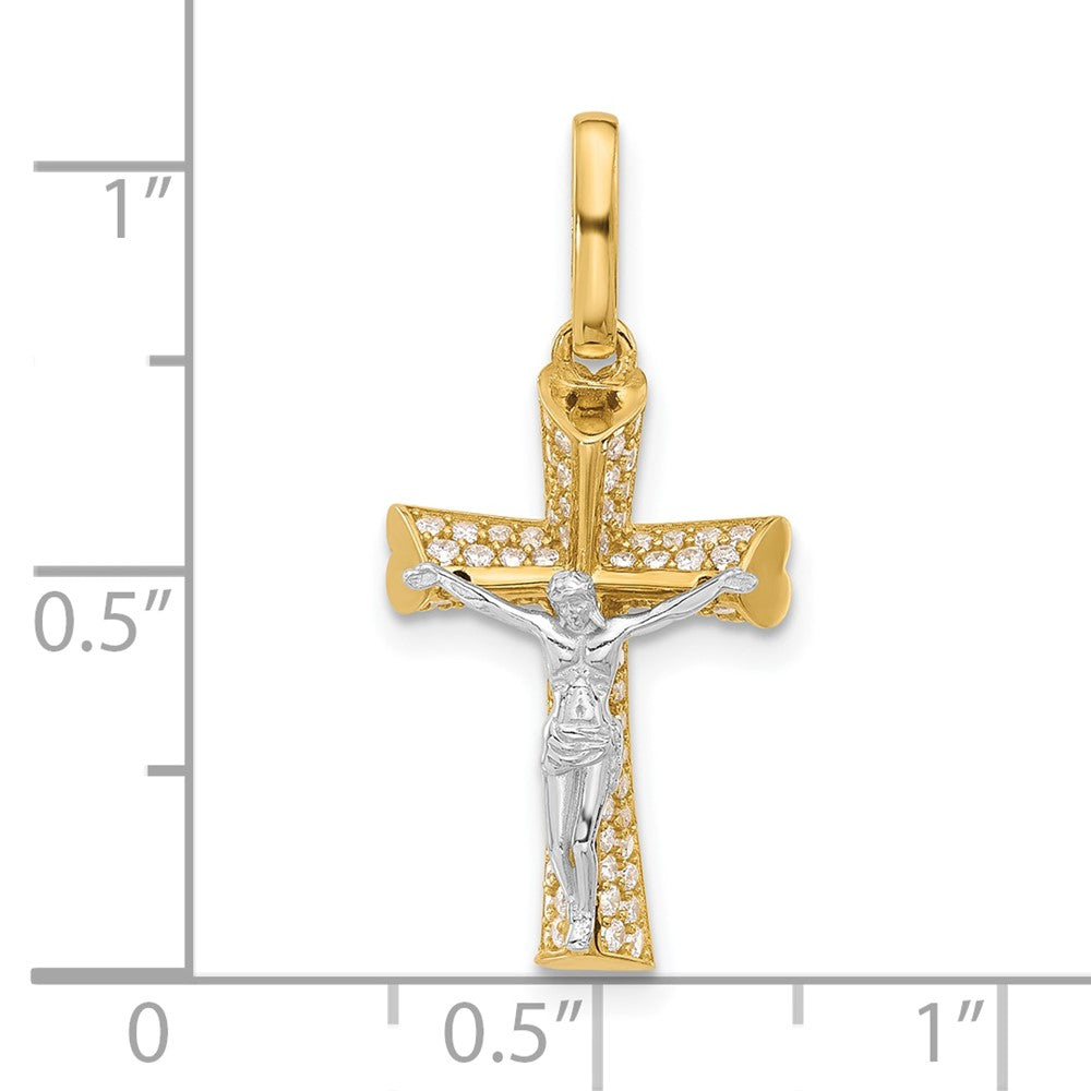14K Two-tone Polished CZ Crucifix with Heart Ends Pendant (1.82 grams)