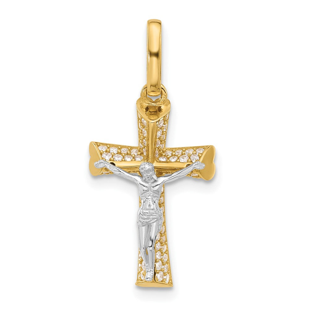 14K Two-tone Polished CZ Crucifix with Heart Ends Pendant (1.82 grams)