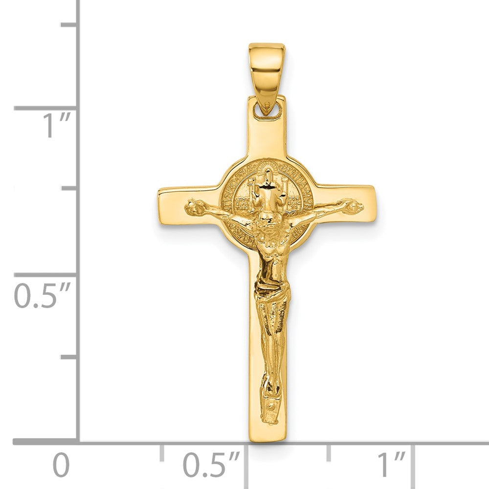 14k Yellow Gold 17 mm Polished Jesus Crucifix and St Benedict Pendant (2.28 grams)