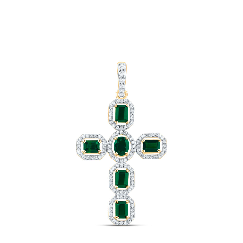 3/8Ctw-Diamond 1Ctw-Em-Em, 5X3Mm-Ov-Em, Nat Gem Cross Pendant (2.663 grams)