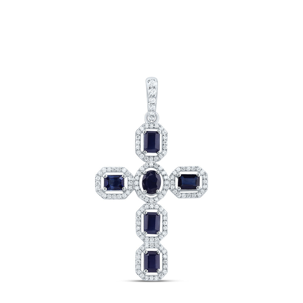 3/8Ctw-Dia Cn 1Ctw-Em-Bs, 5X3Mm-Ov-Bs, Nat Gem Cross Pendant (2.737 grams)