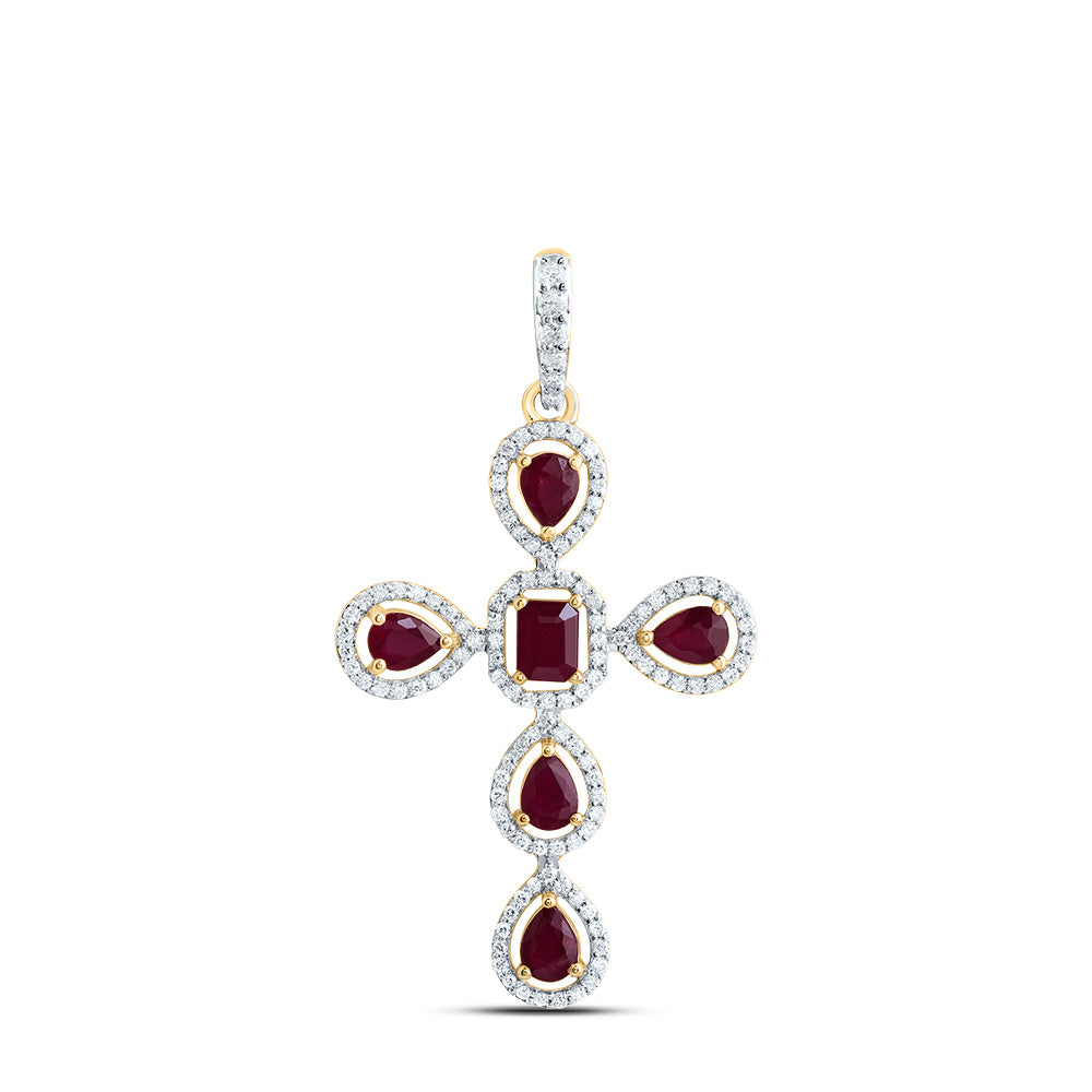 1/3Ctw-Dia Cn 1Ctw-Ps-Ru, 4X3Mm-Em-Ru, Nat Gem Cross Pendant (2.625 grams)