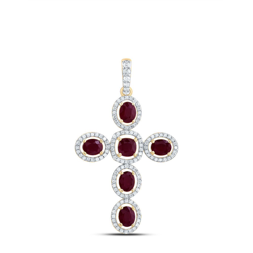 3/8Ctw-Dia Cn 1Ctw-Ov-Ru, 4Mm-Cu-Ru, Nat Gem Cross Pendant (2.987 grams)