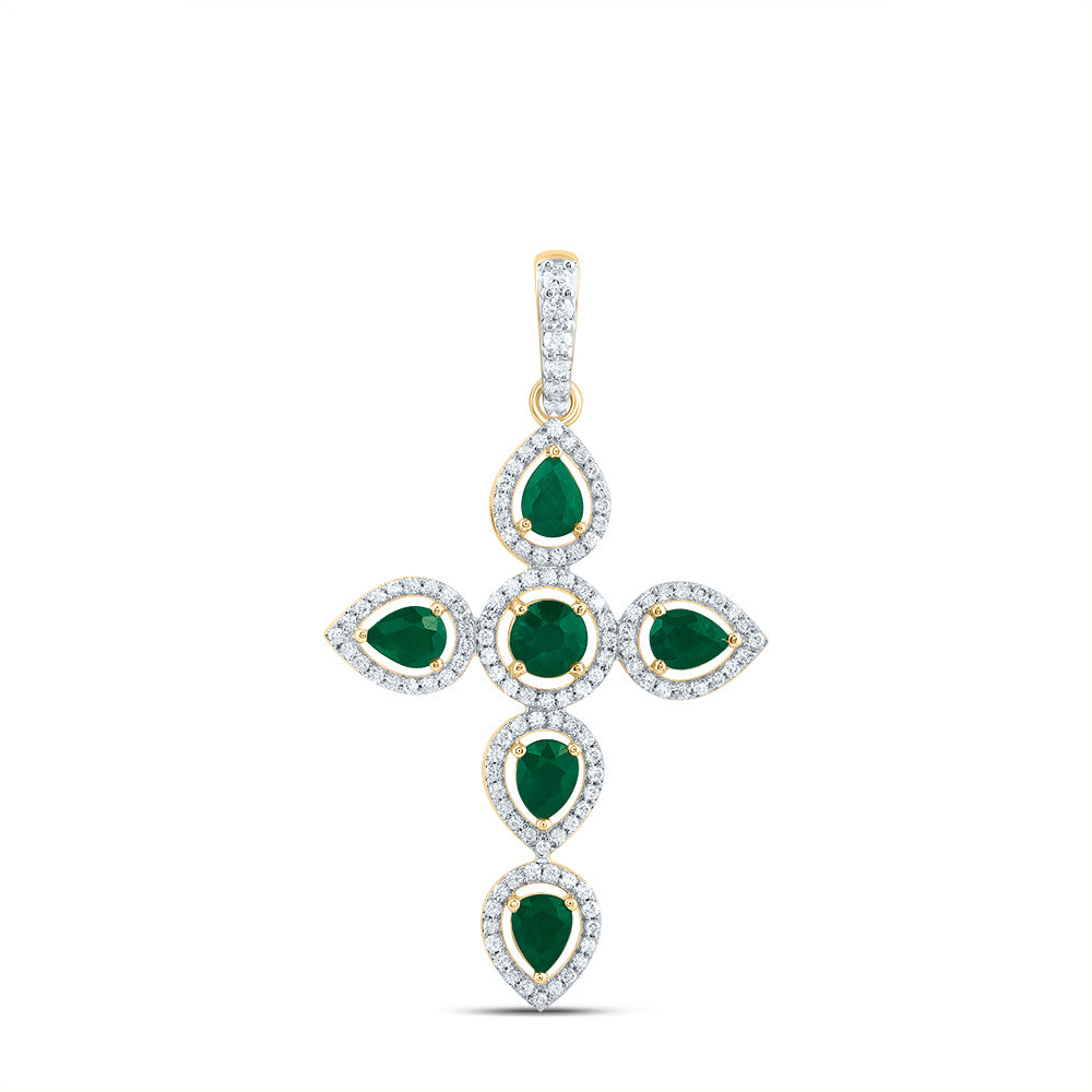 1/3Ctw-Diamond 1Ctw-Ps-Em, 4Mm-Rd-Em, Nat Gem Cross Pendant (2.734 grams)
