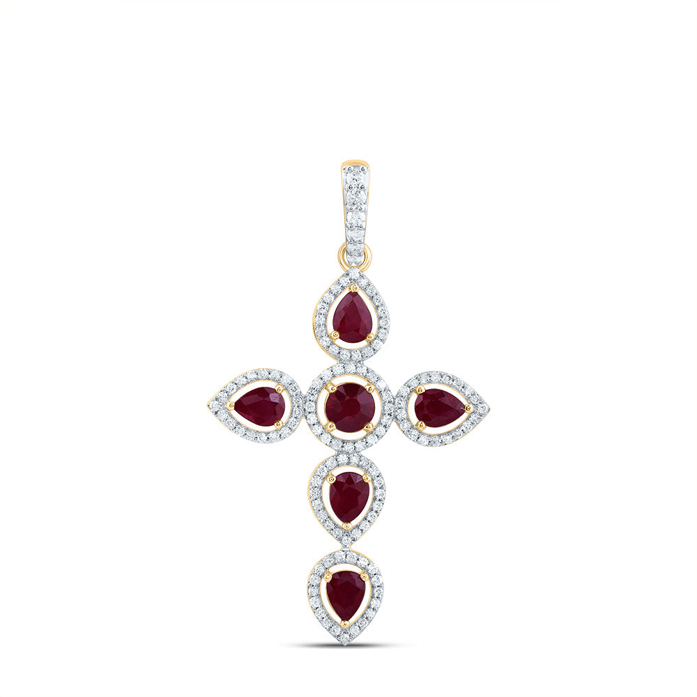 1/3Ctw-Dia Cn 1Ctw-Ps-Ru, 4Mm-Rd-Ru, Nat Gem Cross Pendant (2.736 grams)