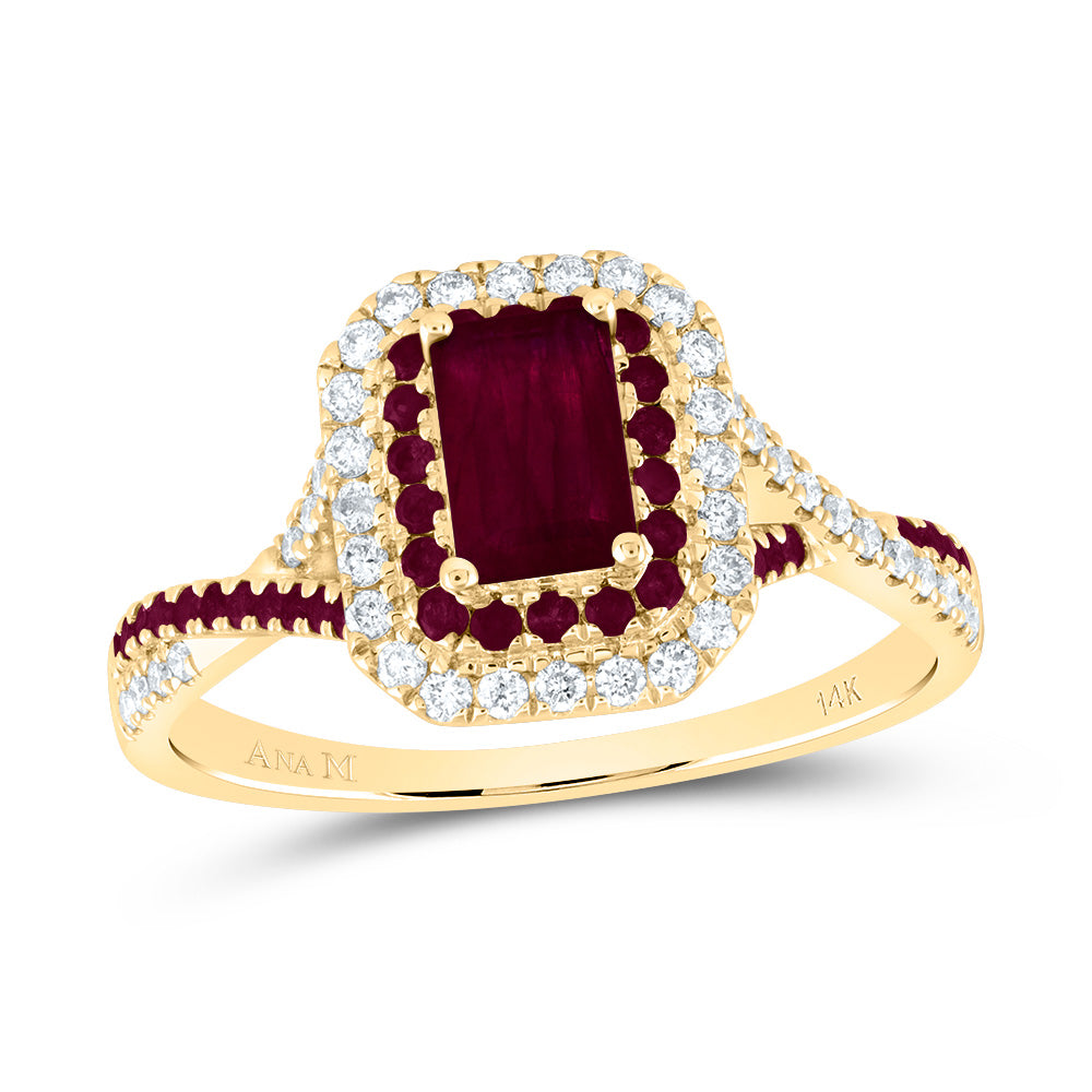 1/5Ctw-Dia Ana M 1/5Ctw-Rd-Ru 6X4Mm Em-Ru Nat Gem Double Halo Bridal Ring (2.92 grams)