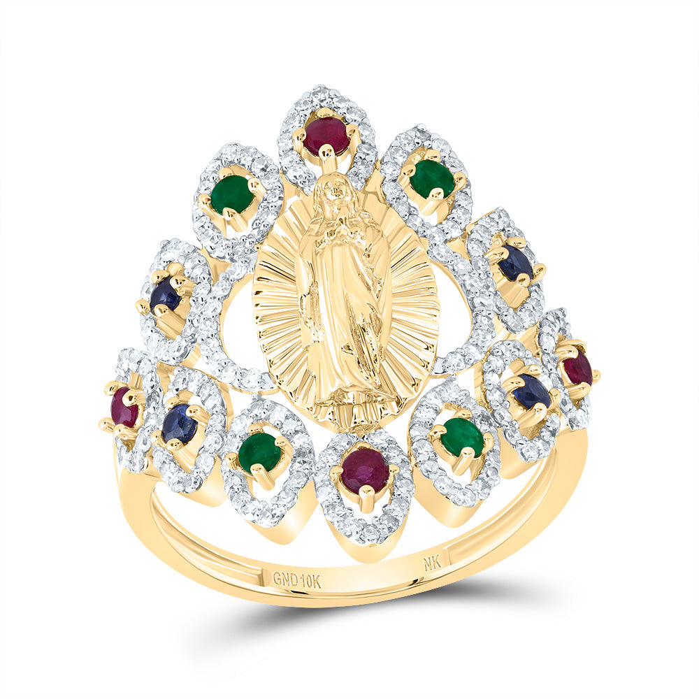 1/2Ctw-Dia Nk 1/6Ctw Rd-Ru,1/8Ctw Rd-Bs,1/10Ctw Rd-Em Nat Gem Virgin Mother Mary Ring (3.59 grams)