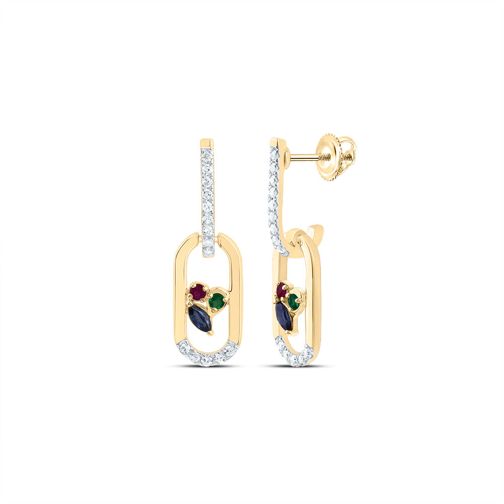 1/10Ctw-Nat Dia Cn 1.4Mm Rd-Ru/Em, 3X2Mm Mq-Bs Nat Gem Paper Clip Dangling Earring