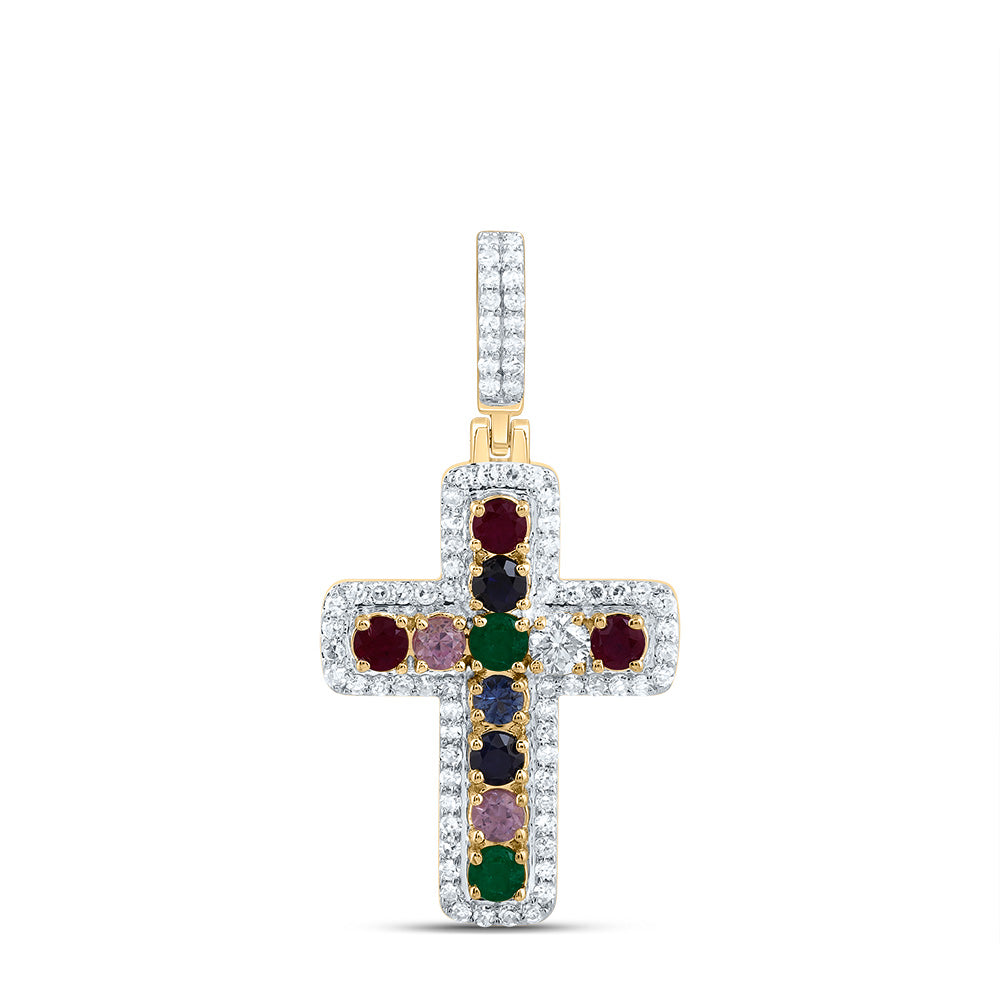 1/4Ctw-Nat Dia Cn 1/2Ctw-Rd-Nat Gem Multi Clr Sapphire Cross Pendant (1.365 grams)
