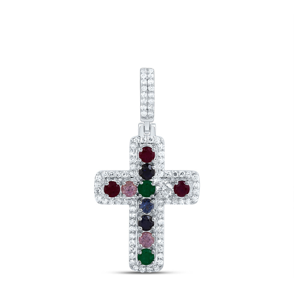 1/4Ctw-Nat Dia Cn 1/2Ctw-Rd-Nat Gem Multi Clr Sapphire Cross Pendant (1.365 grams)