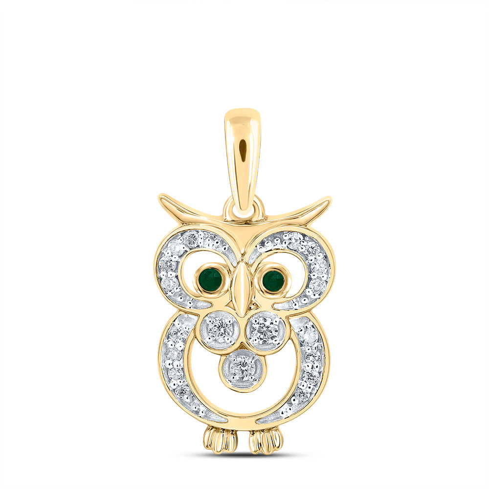 1/10Ctw-Dia Cn 0.02Ctw Rd-Em Nat-Gem Owl Pendant (1.203 grams)