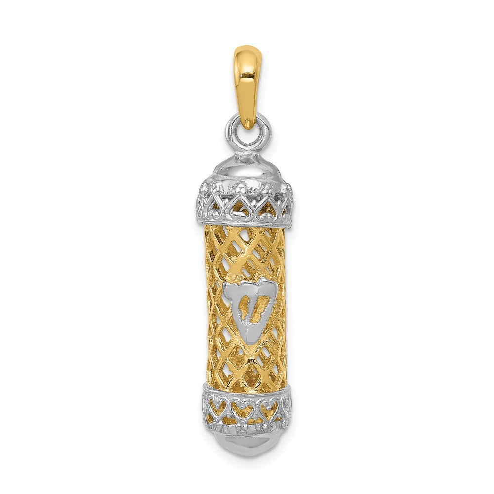 14k Two-tone 10 mm Two-Tone 3D Mezuzah W/Shin Charm (4.1 grams)