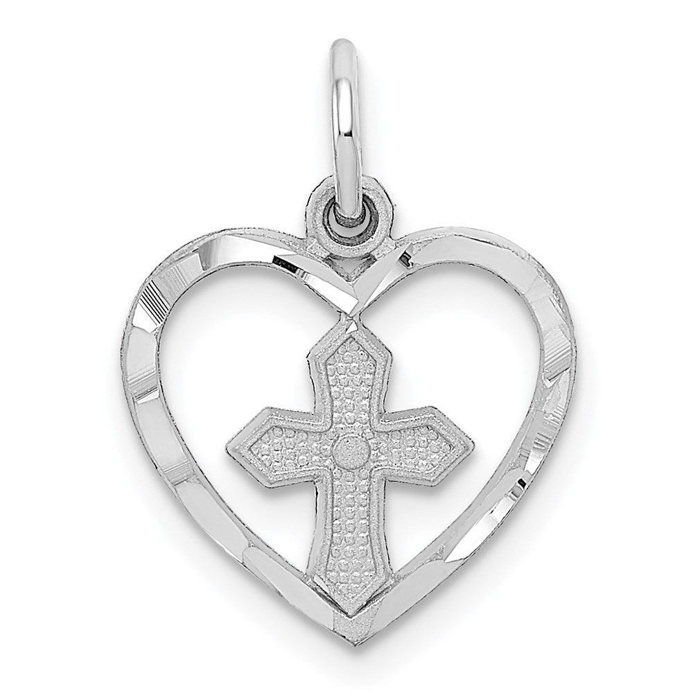 14k White Gold 14 mm Cross in Heart Charm (0.61 grams)