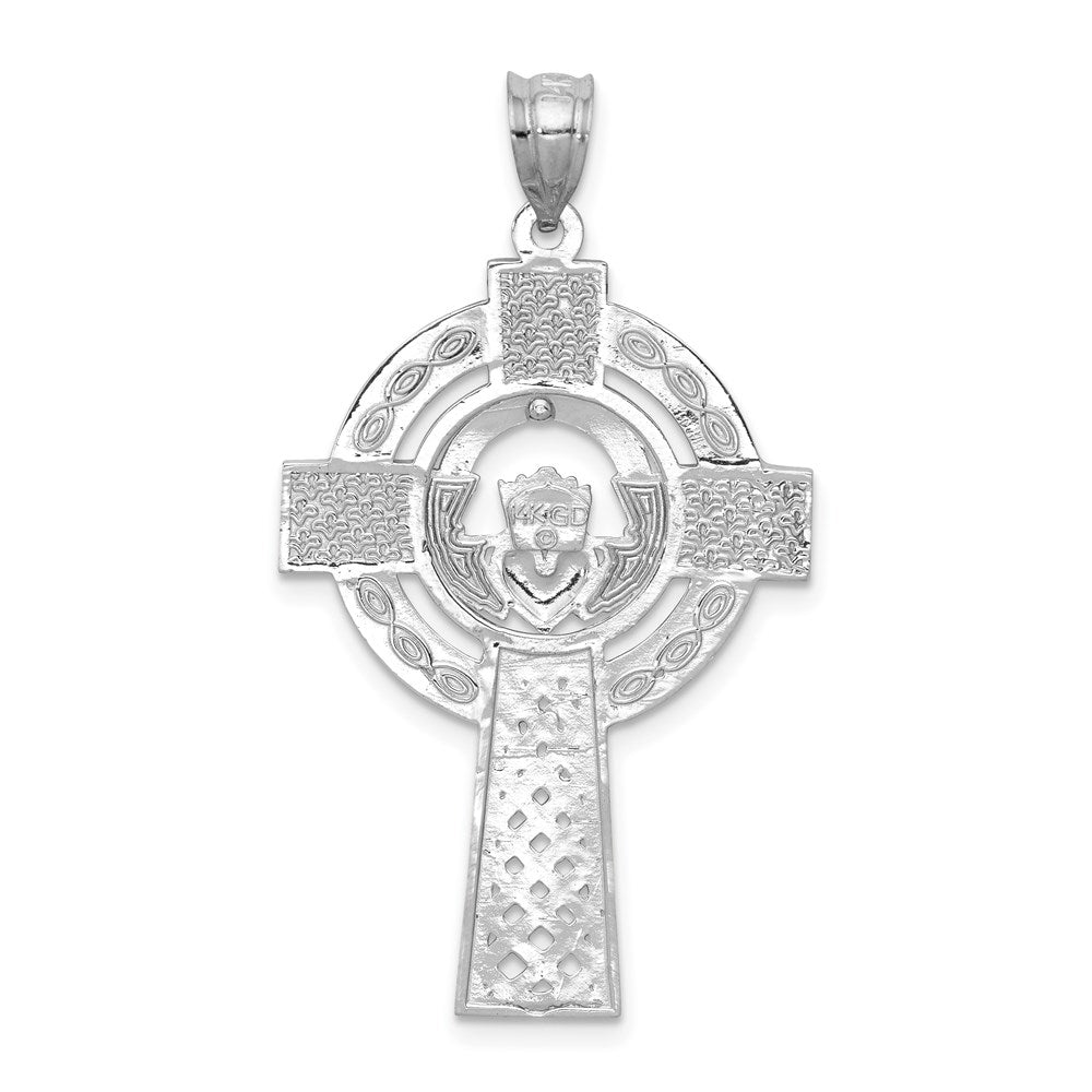 14k White Gold 22 mm Celtic Claddagh Cross Pendant (2.65 grams)