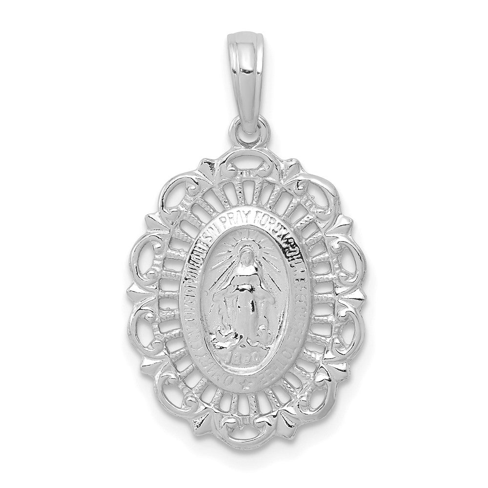 14k White Gold 15.6 mm Oval Miraculous Medal Pendant (1.5 grams)