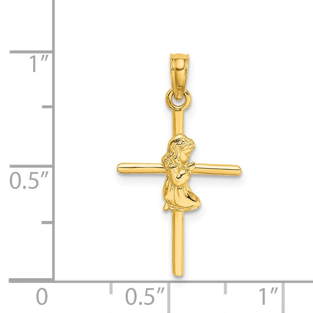 14k Yellow Gold 14.3 mm Praying Girl Cross Charm (0.77 grams)