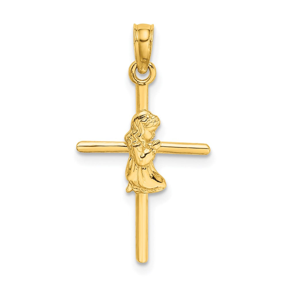 14k Yellow Gold 14.3 mm Praying Girl Cross Charm (0.77 grams)