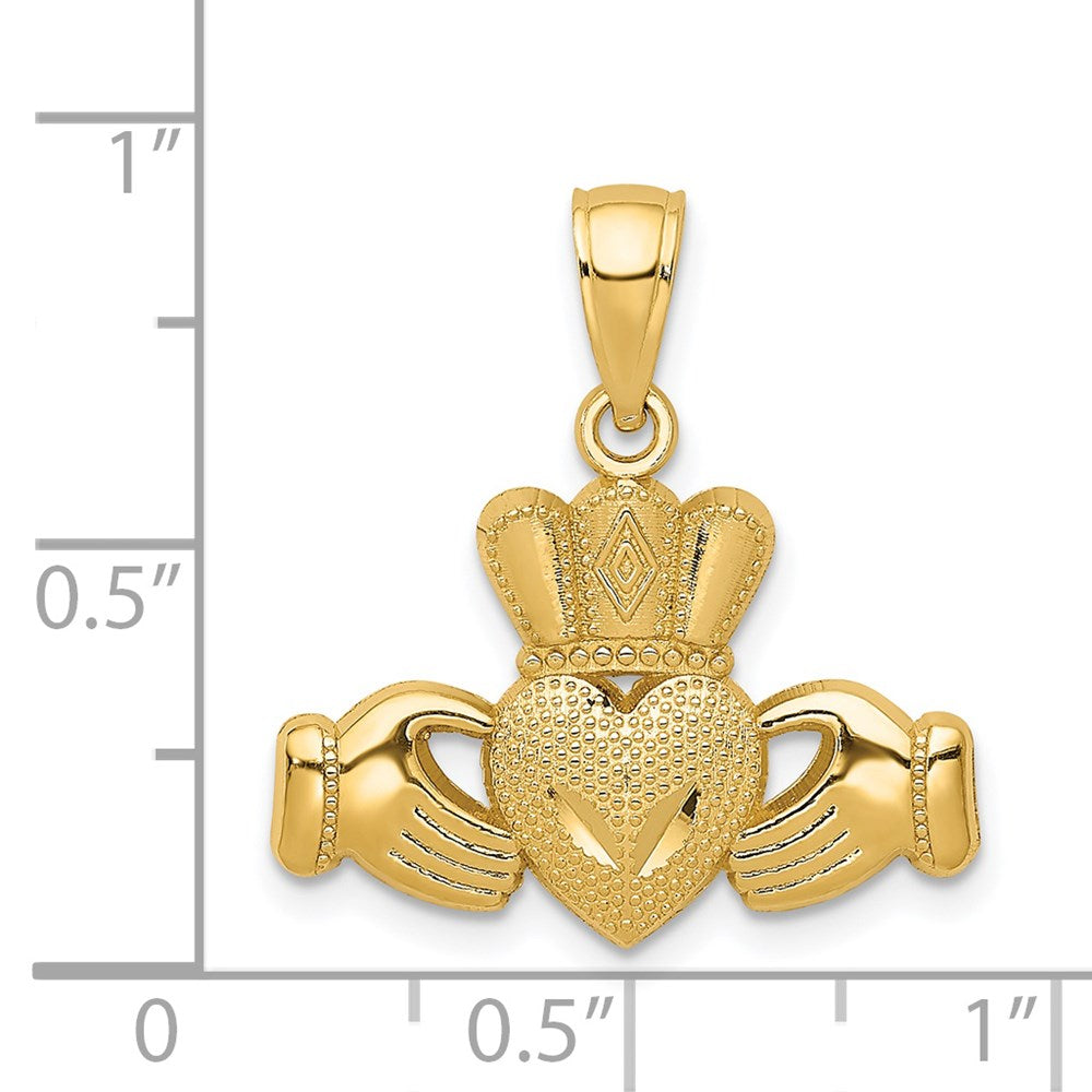 14k Yellow Gold 21 mm Polished/Textured Claddagh Pendant (1.52 grams)