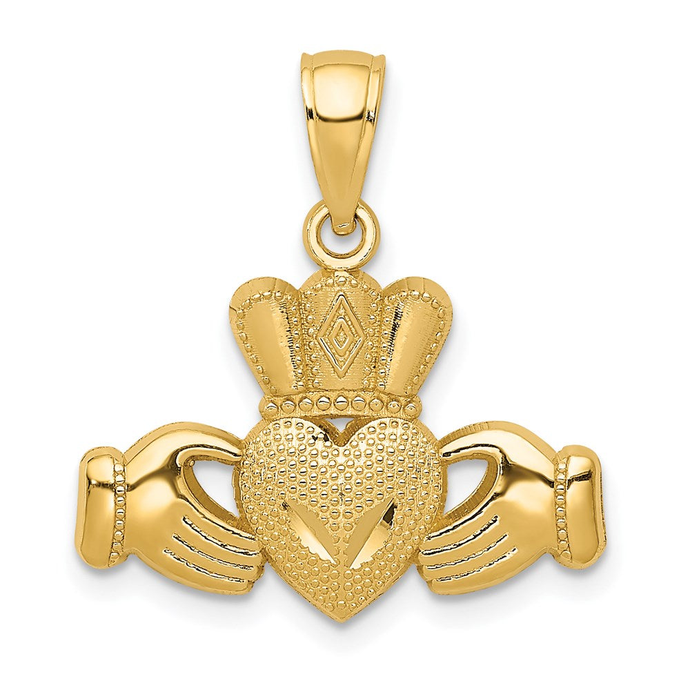 14k Yellow Gold 21 mm Polished/Textured Claddagh Pendant (1.52 grams)