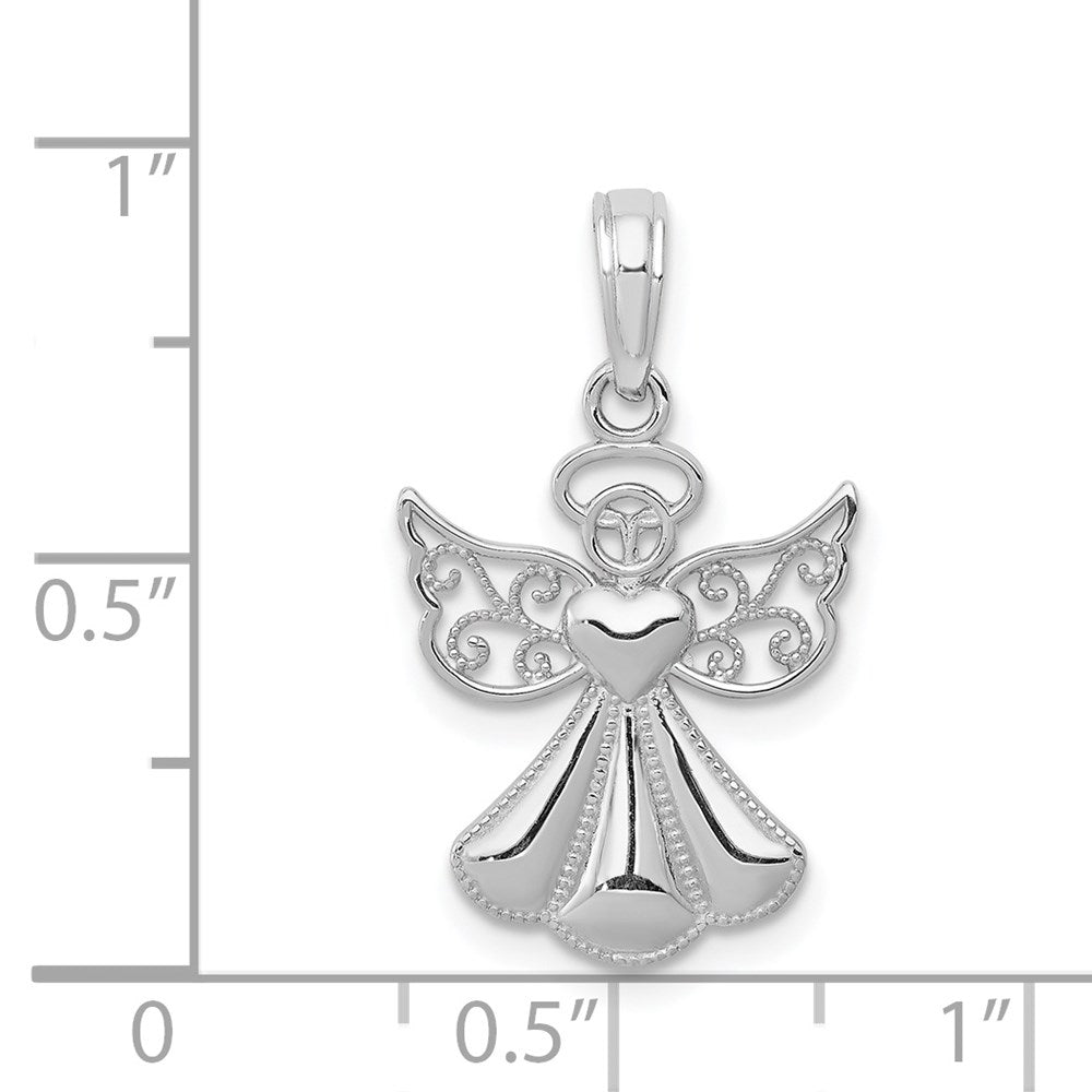 14K White Gold Polished and Textured Guardian Angel with Heart Pendant (1.01 grams)