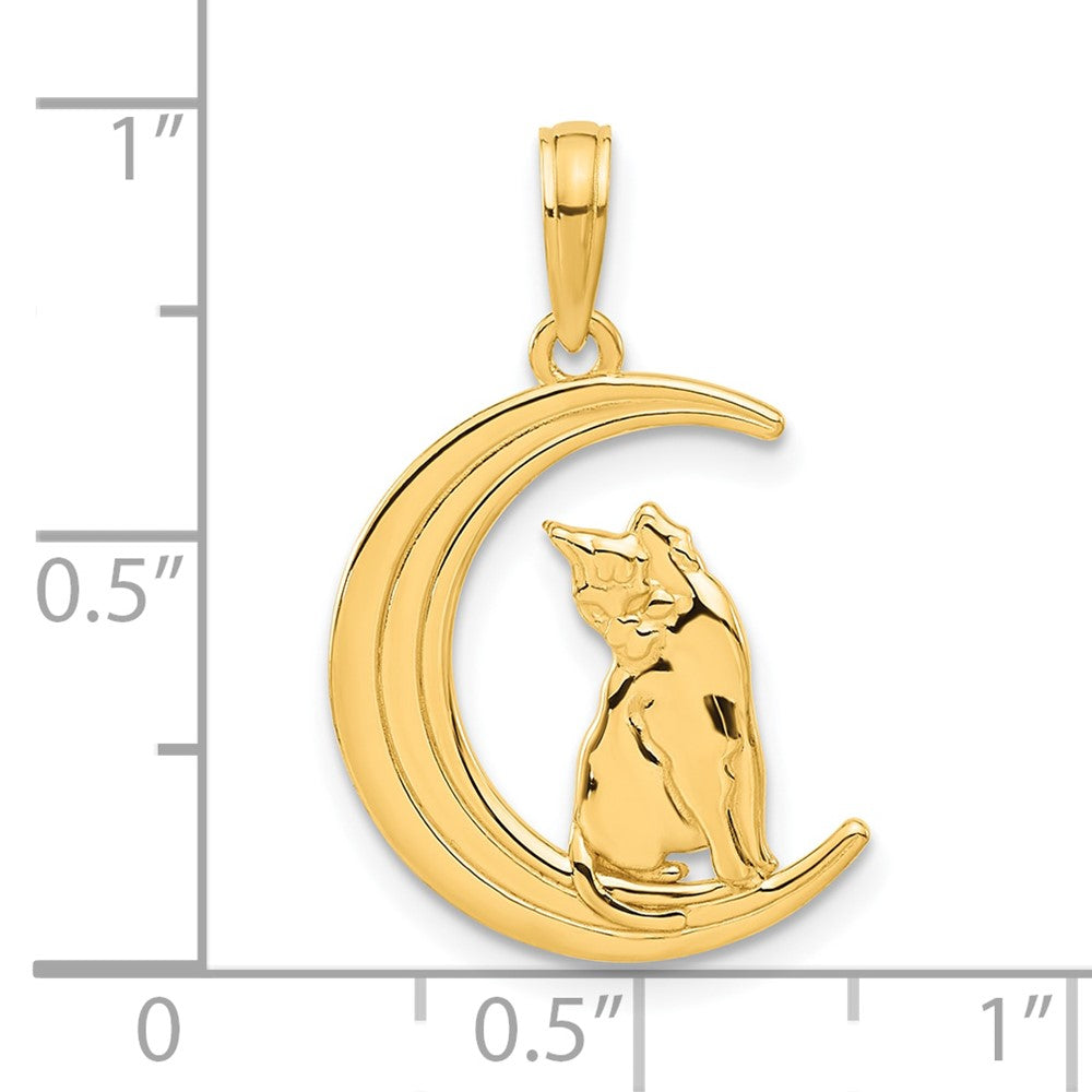 14k Yellow Gold 14.75 mm Polished Cat Sittin On Moon Pendant (1.57 grams)