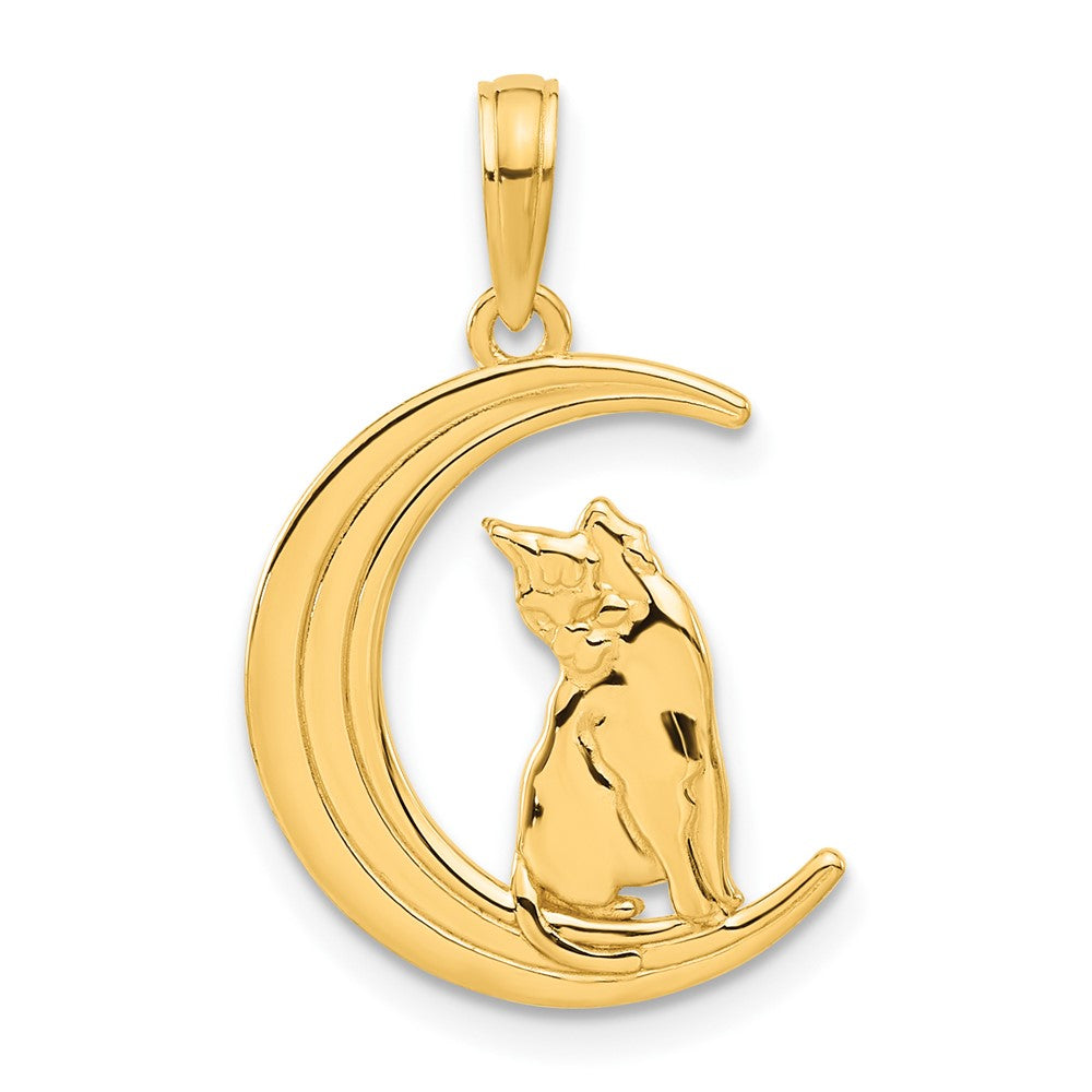 14k Yellow Gold 14.75 mm Polished Cat Sittin On Moon Pendant (1.57 grams)