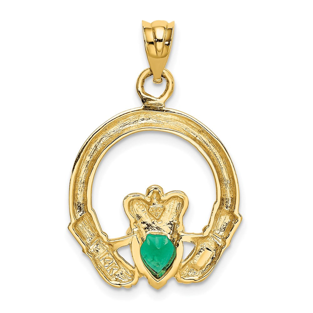14k Yellow Gold 20 mm Claddagh with Synthetic Green Stone Pendant (2.5 grams)