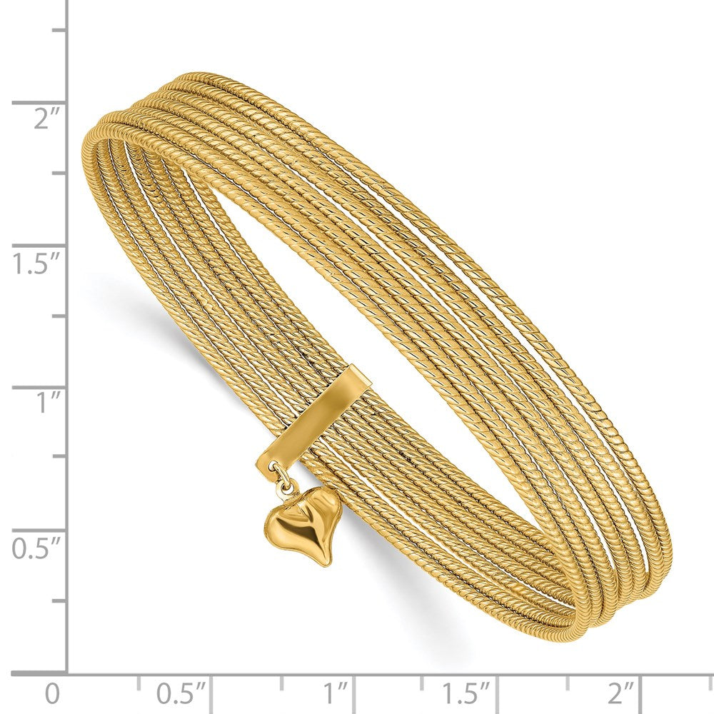 14K Oversize Polished and Textured with Dangle Heart 7-Strand 11.00mm Slip-on Round Bangle Bracelet (12.61 grams)