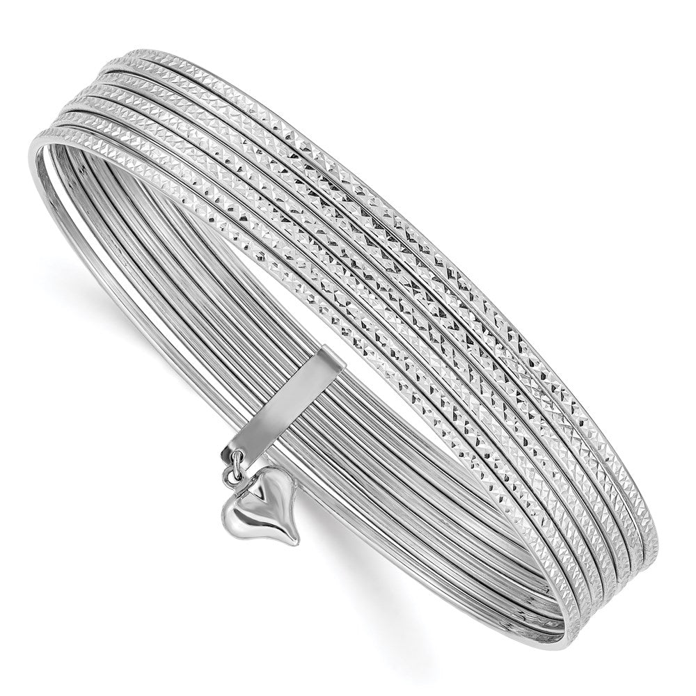 14K White Gold Polished and Textured with Dangle Heart 7-Strand 11.00mm Slip-on Round Bangle Bracelet (10.15 grams)