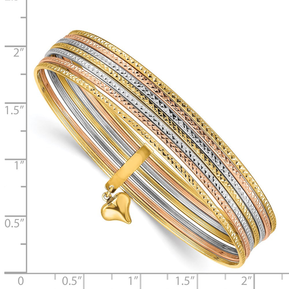 14K Oversize Tri-color Polished and Textured with Dangle Heart 7-Strand 11.00mm Slip-on Round Bangle Bracelet (11.1 grams)
