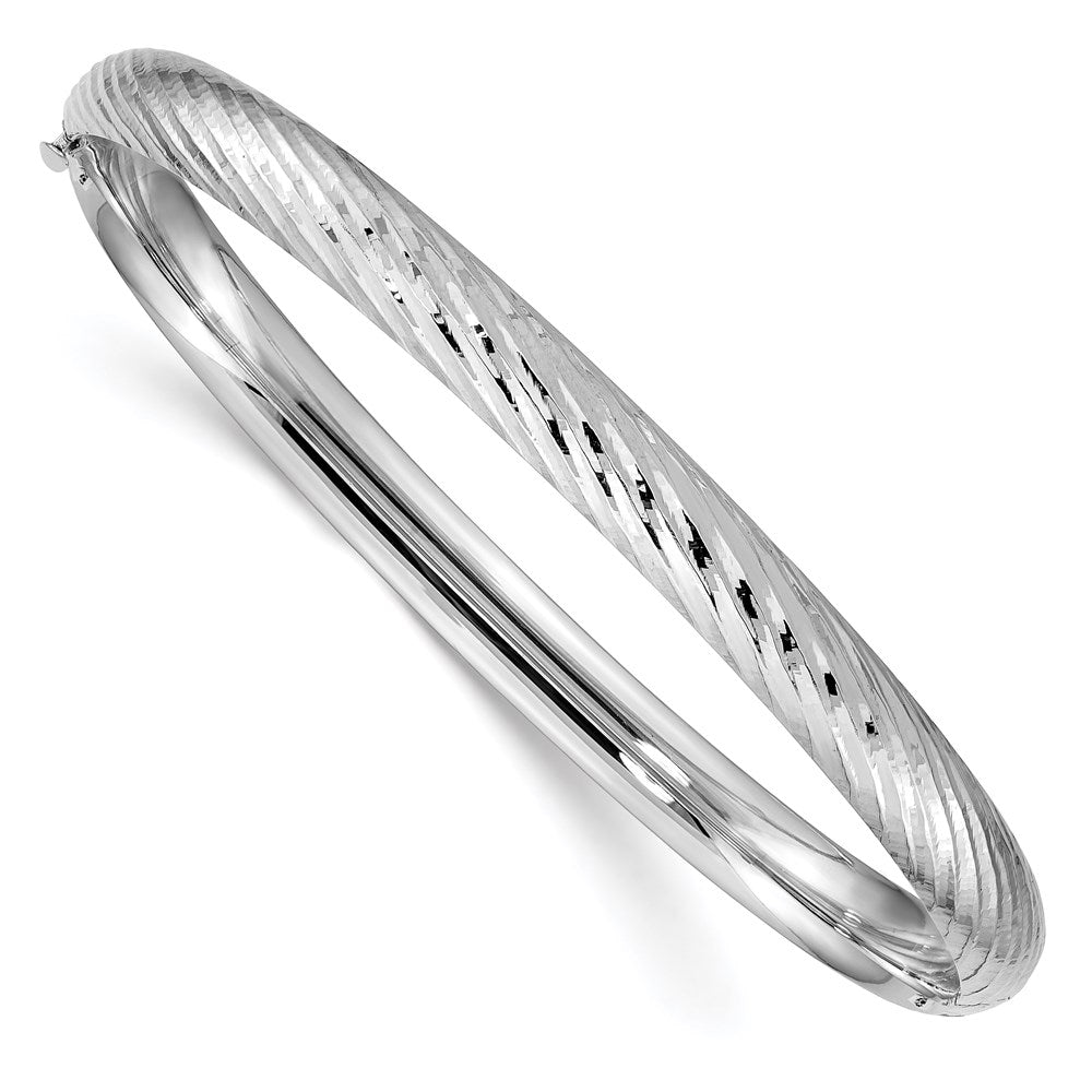 14k White Gold 6 mm 4/1 Textured Hinged Bangle (6.75 grams)