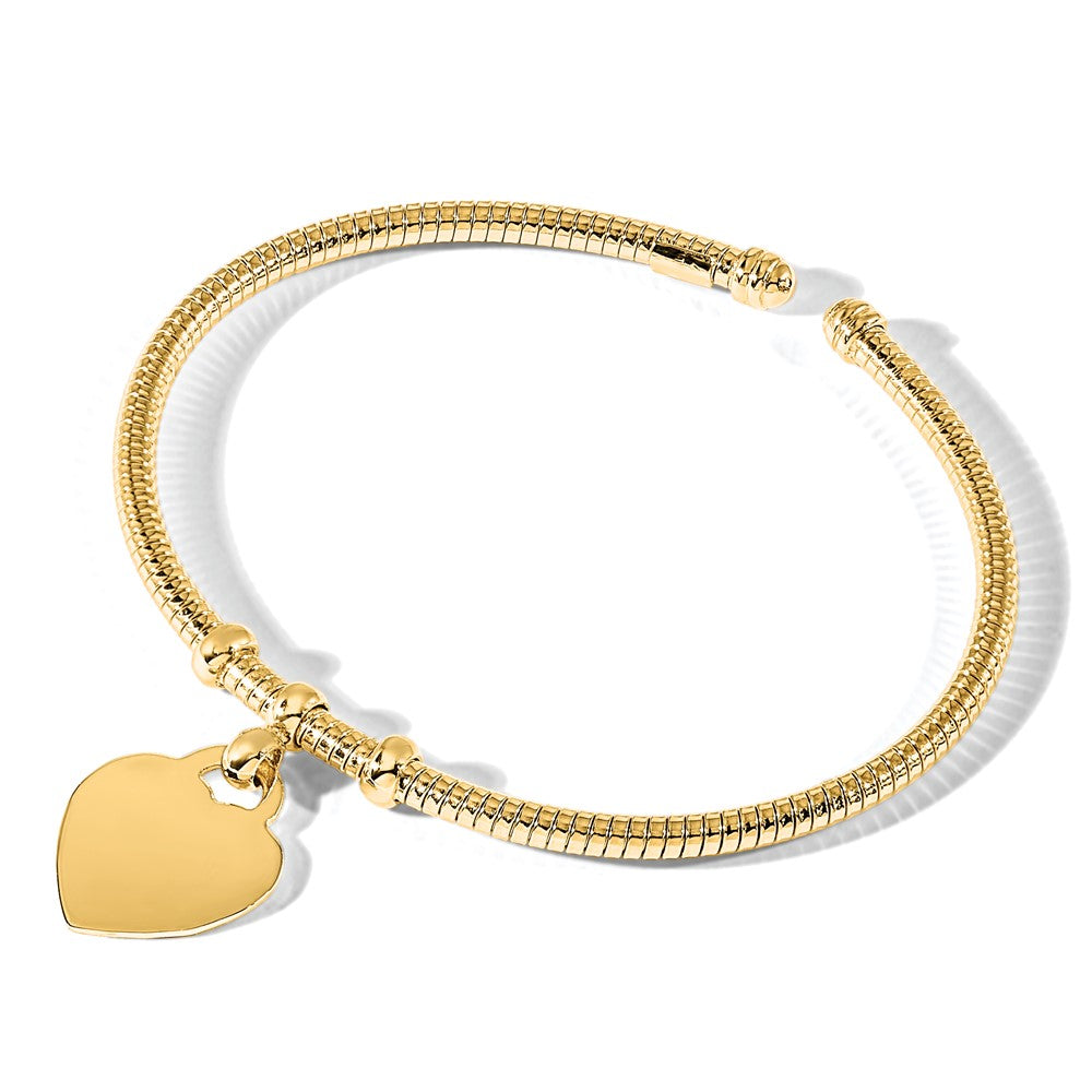 14K Polished and Textured Flexible Heart Dangle Bangle Bracelet (11.04 grams)
